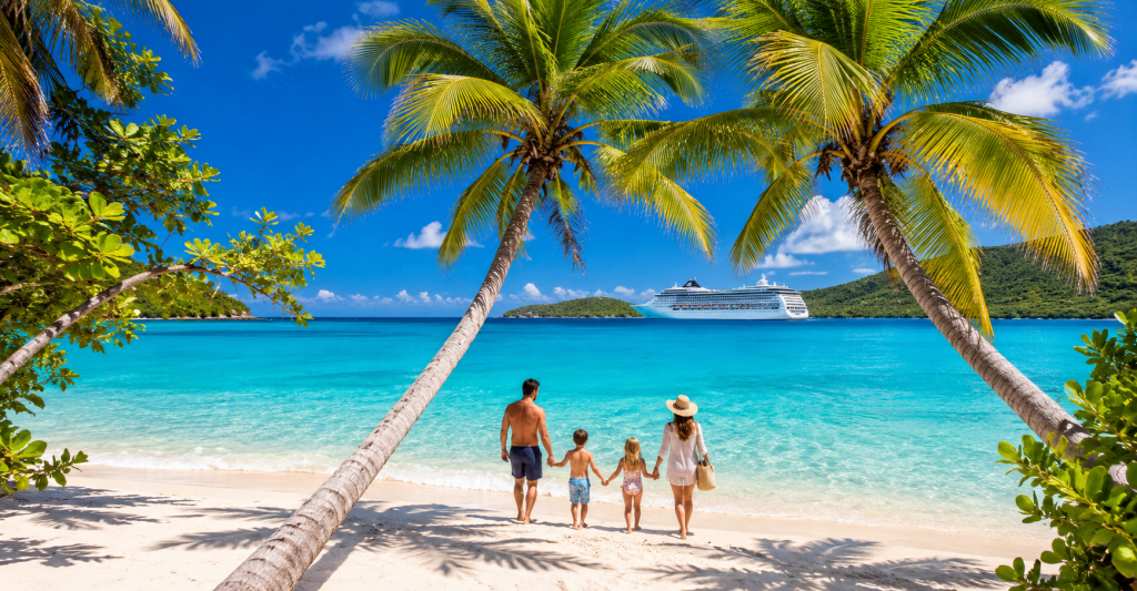 Familia disfrutando de una playa tropical durante unas vacaciones en crucero por el Caribe