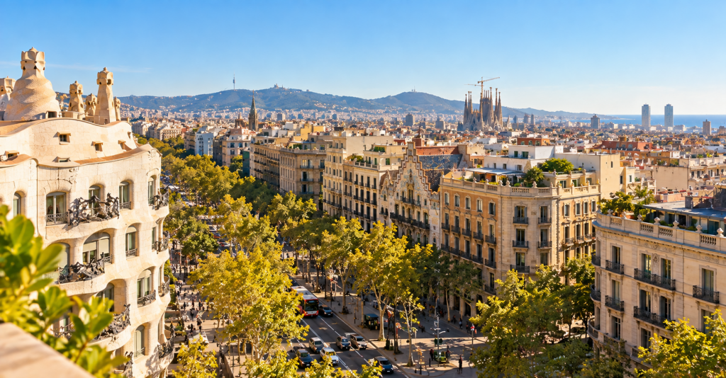 Vista panorámica de Barcelona con la Sagrada Familia y el Mediterráneo al fondo